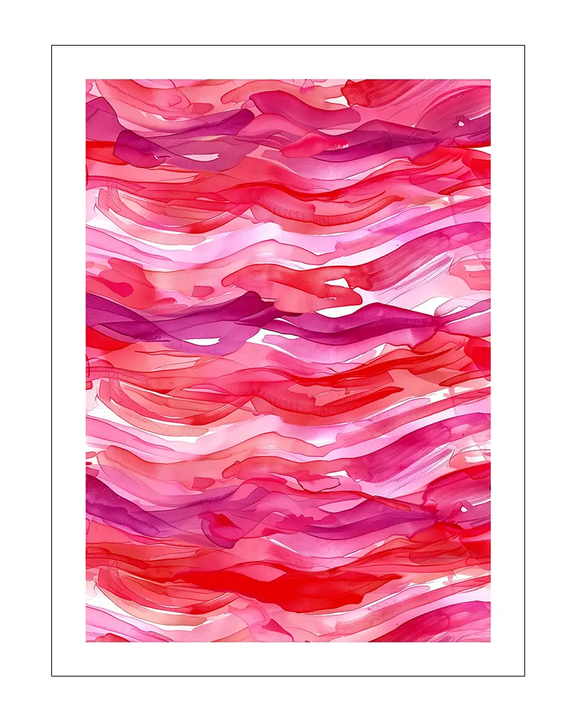 A vibrant abstract illustration of red and pink flowing waves, creating a dynamic and lively pattern. Perfect wall art for adding energy and color to any space, especially in modern interiors