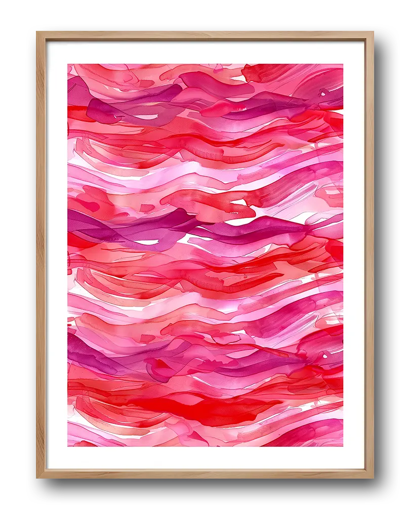 A vibrant abstract illustration of red and pink flowing waves, creating a dynamic and lively pattern. Perfect wall art for adding energy and color to any space, especially in modern interiors