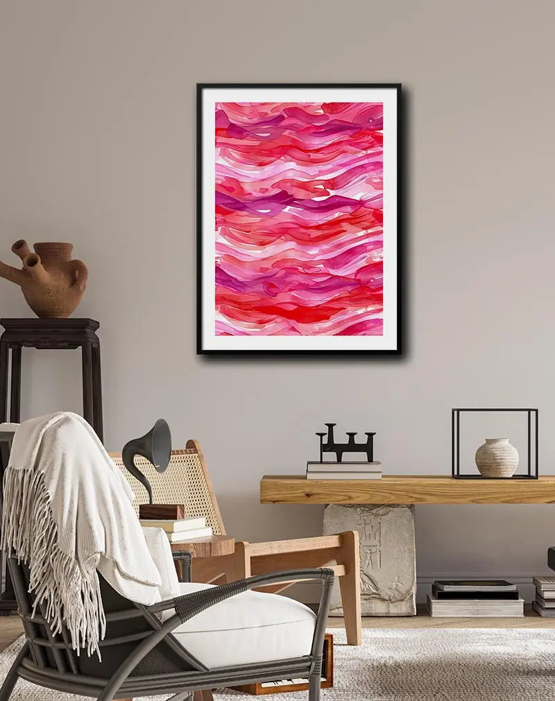 A vibrant abstract illustration of red and pink flowing waves, creating a dynamic and lively pattern. Perfect wall art for adding energy and color to any space, especially in modern interiors