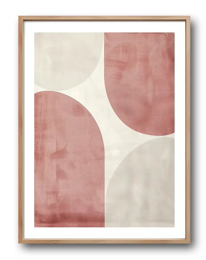 A minimalist geometric design featuring soft pink and cream abstract shapes. Perfect wall art for adding a subtle, modern touch to any living room or bedroom decor with its calm and muted tones