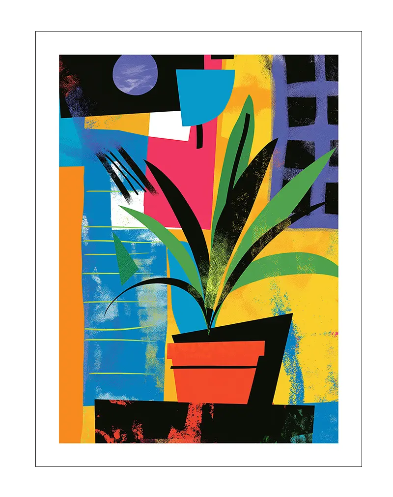 A vibrant abstract illustration of a plant in a colorful pot, set against a geometric background of bold shapes and colors. Perfect wall art for brightening up any space with an artistic and modern touch