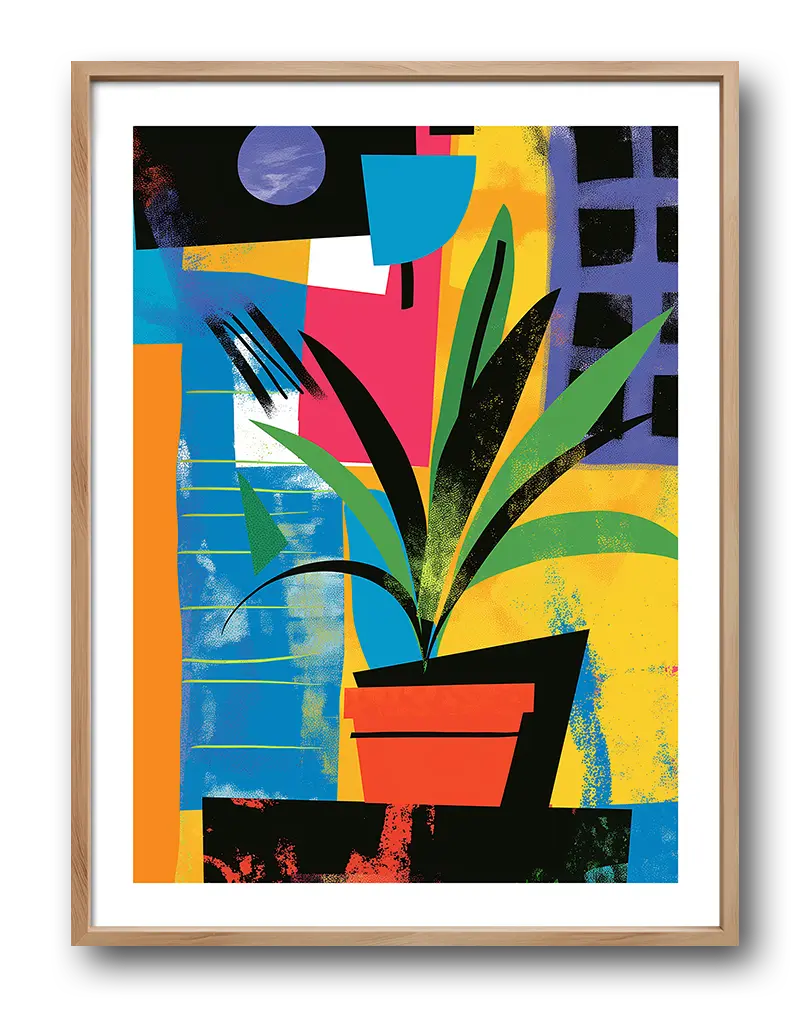 A vibrant abstract illustration of a plant in a colorful pot, set against a geometric background of bold shapes and colors. Perfect wall art for brightening up any space with an artistic and modern touch