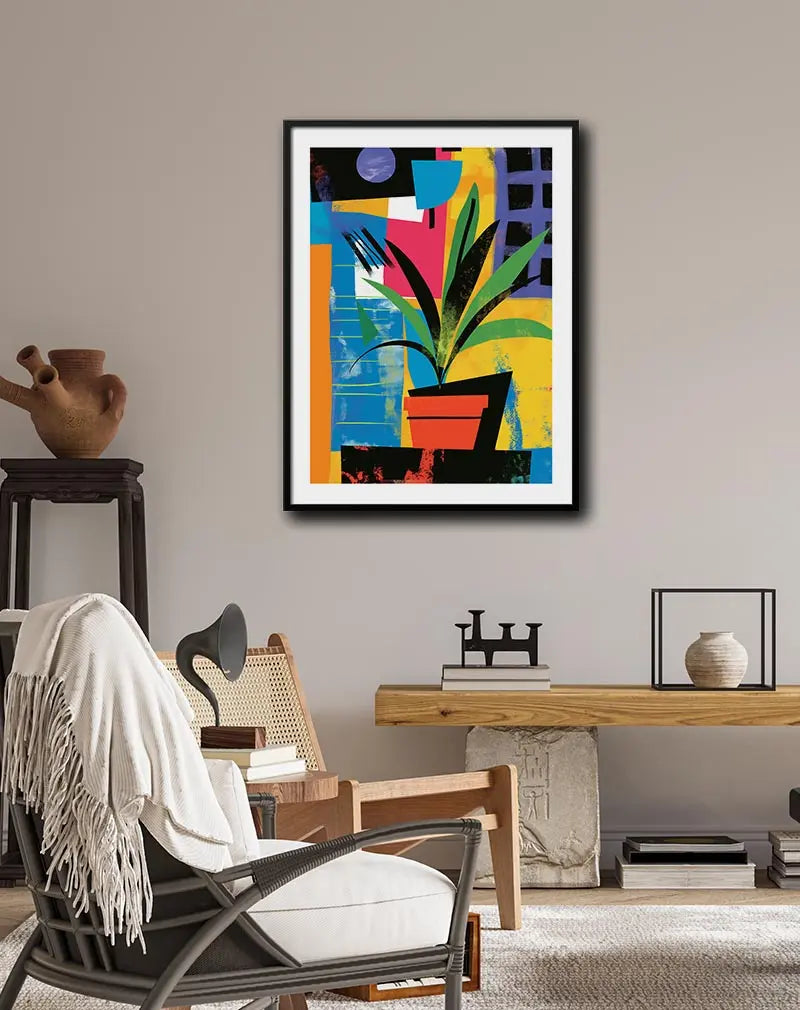 A vibrant abstract illustration of a plant in a colorful pot, set against a geometric background of bold shapes and colors. Perfect wall art for brightening up any space with an artistic and modern touch