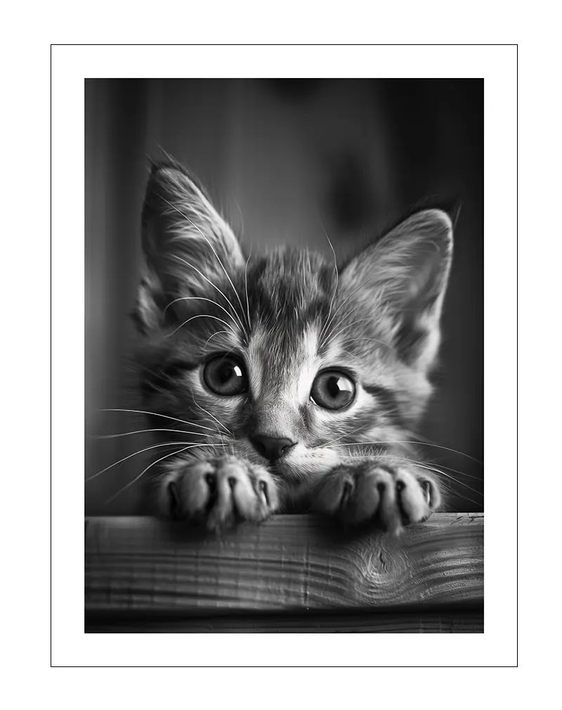 A black-and-white close-up portrait of a kitten with big, curious eyes peeking over a ledge. Perfect wall art for animal lovers and those looking to add a touch of cuteness to their home decor