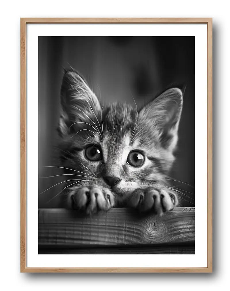 A black-and-white close-up portrait of a kitten with big, curious eyes peeking over a ledge. Perfect wall art for animal lovers and those looking to add a touch of cuteness to their home decor