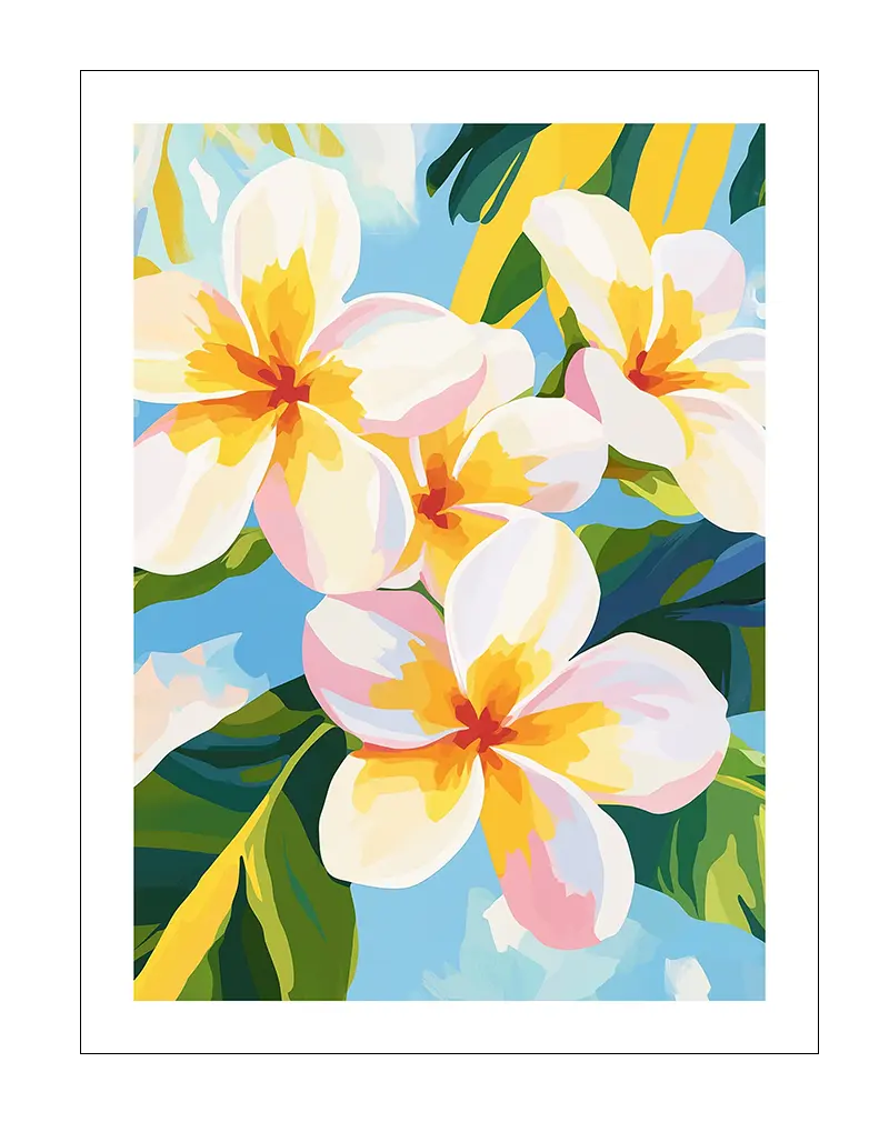 A vibrant illustration of tropical plumeria flowers in white and yellow hues, set against a bright blue sky with lush green leaves.