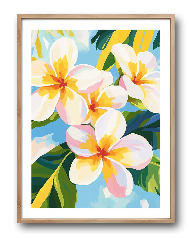 A vibrant illustration of tropical plumeria flowers in white and yellow hues, set against a bright blue sky with lush green leaves.