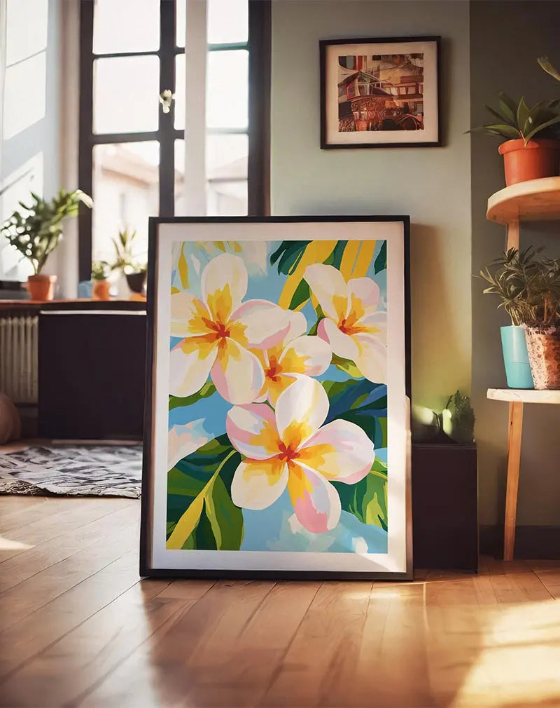 A vibrant illustration of tropical plumeria flowers in white and yellow hues, set against a bright blue sky with lush green leaves.