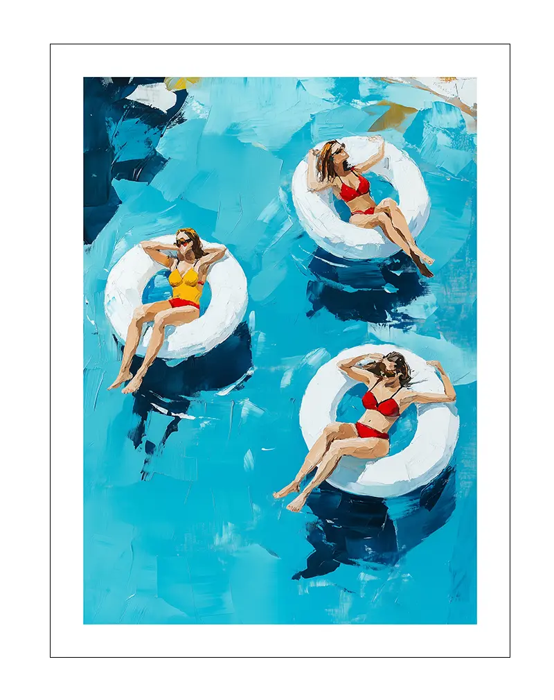 A vibrant illustration of three women floating on inflatable rings in a pool, enjoying the summer sun. Perfect wall art for brightening up any space with a relaxing vacation vibe, ideal for pool lovers