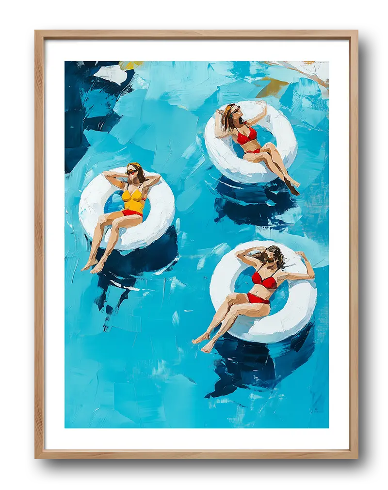 A vibrant illustration of three women floating on inflatable rings in a pool, enjoying the summer sun. Perfect wall art for brightening up any space with a relaxing vacation vibe, ideal for pool lovers