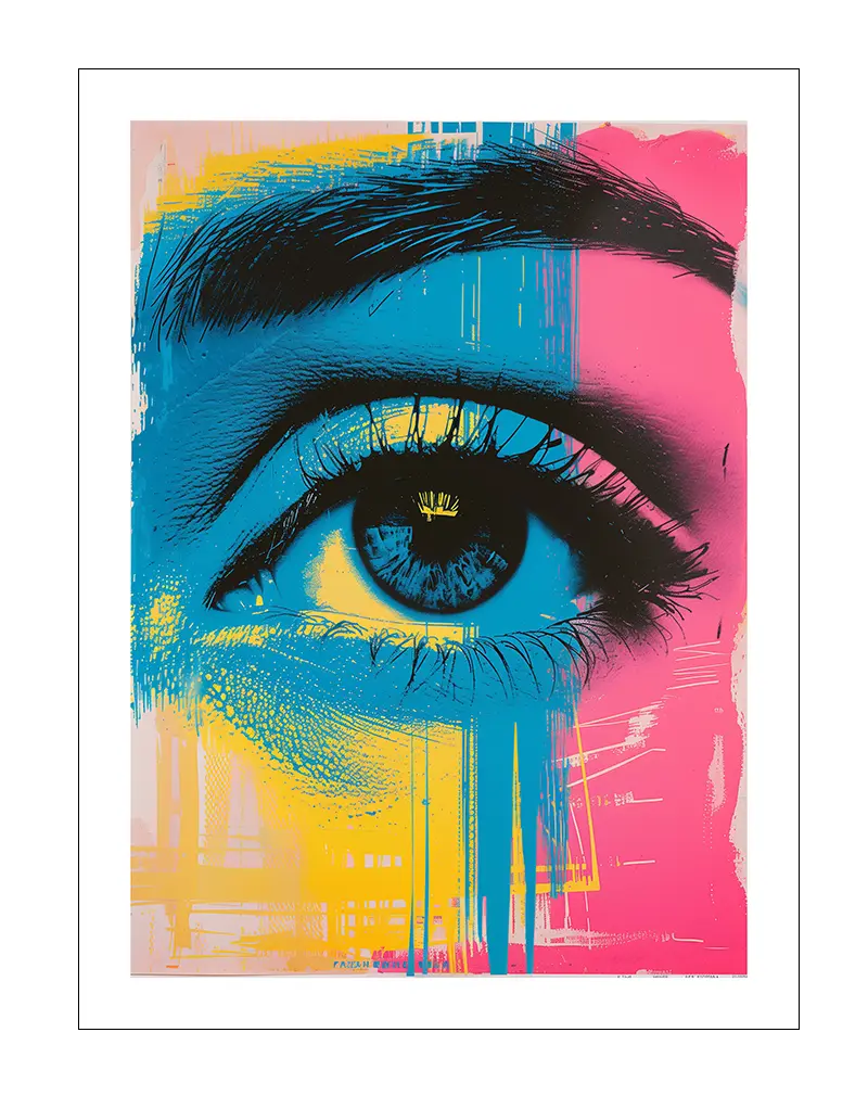 A bold and colorful abstract illustration of an eye, blending blue, pink, and yellow hues in a modern art style. Perfect wall art for contemporary spaces, adding a touch of creativity and intrigue to your room