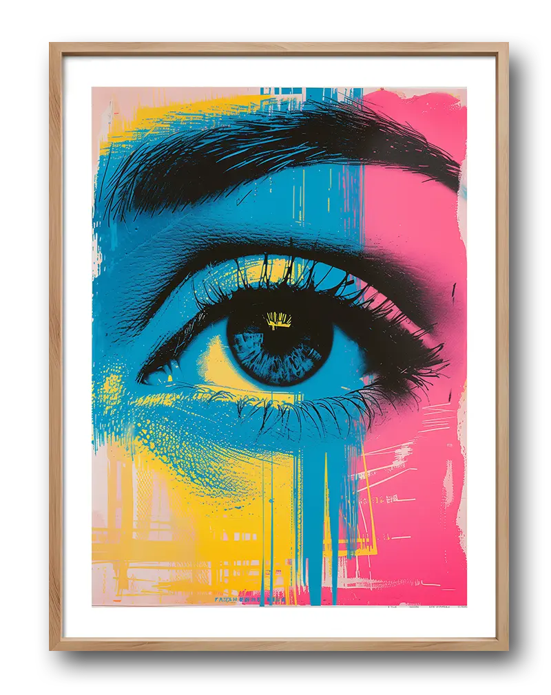 A bold and colorful abstract illustration of an eye, blending blue, pink, and yellow hues in a modern art style. Perfect wall art for contemporary spaces, adding a touch of creativity and intrigue to your room