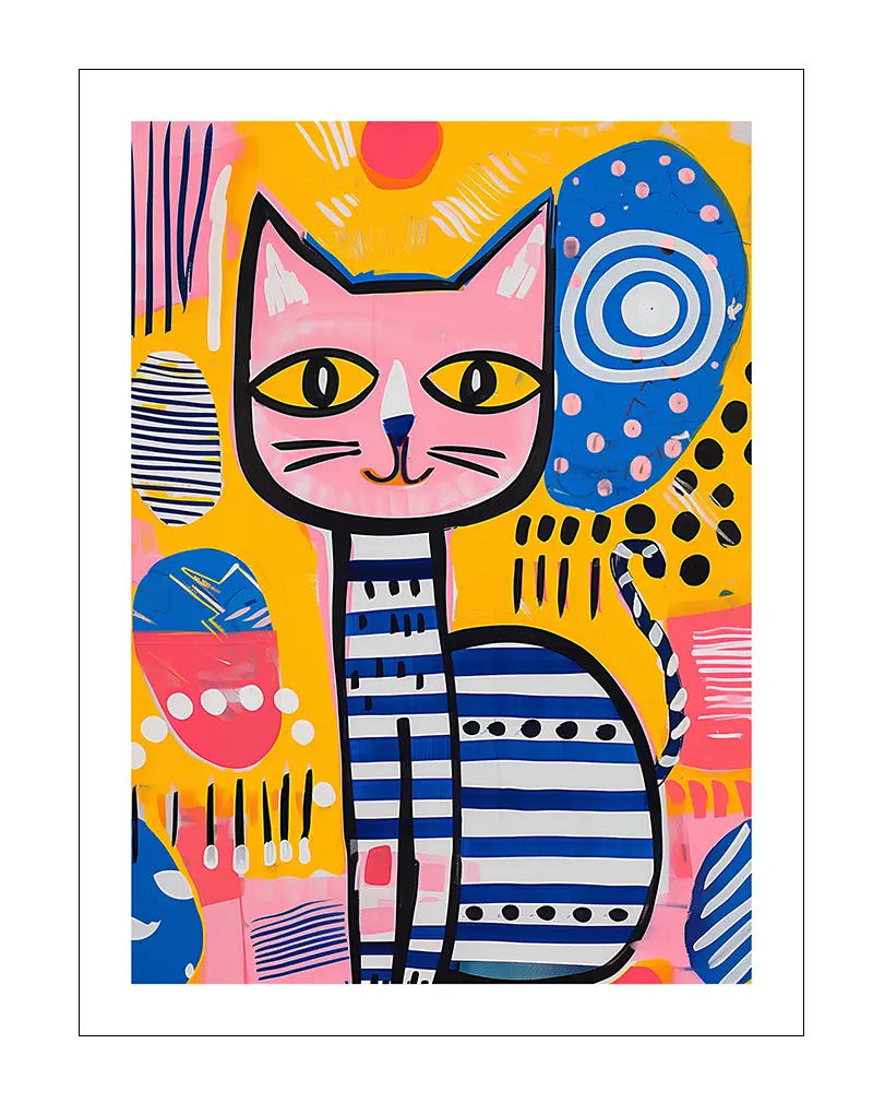 A vibrant and playful illustration of a cat in bold colors, featuring abstract patterns in yellow, pink, blue, and black. Perfect wall art for adding a fun and lively touch to any space