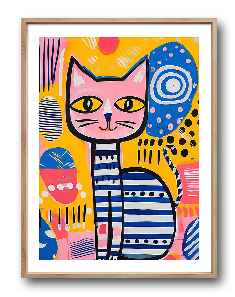 A vibrant and playful illustration of a cat in bold colors, featuring abstract patterns in yellow, pink, blue, and black. Perfect wall art for adding a fun and lively touch to any space