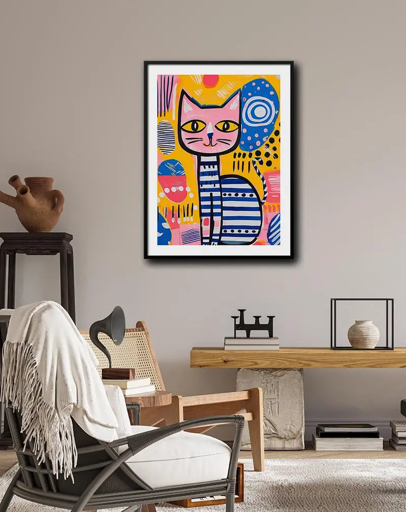 A vibrant and playful illustration of a cat in bold colors, featuring abstract patterns in yellow, pink, blue, and black. Perfect wall art for adding a fun and lively touch to any space