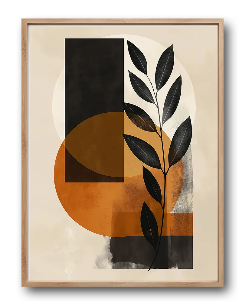 Abstract botanical artwork featuring a stylized black leaf with geometric shapes in shades of orange, beige, and blac