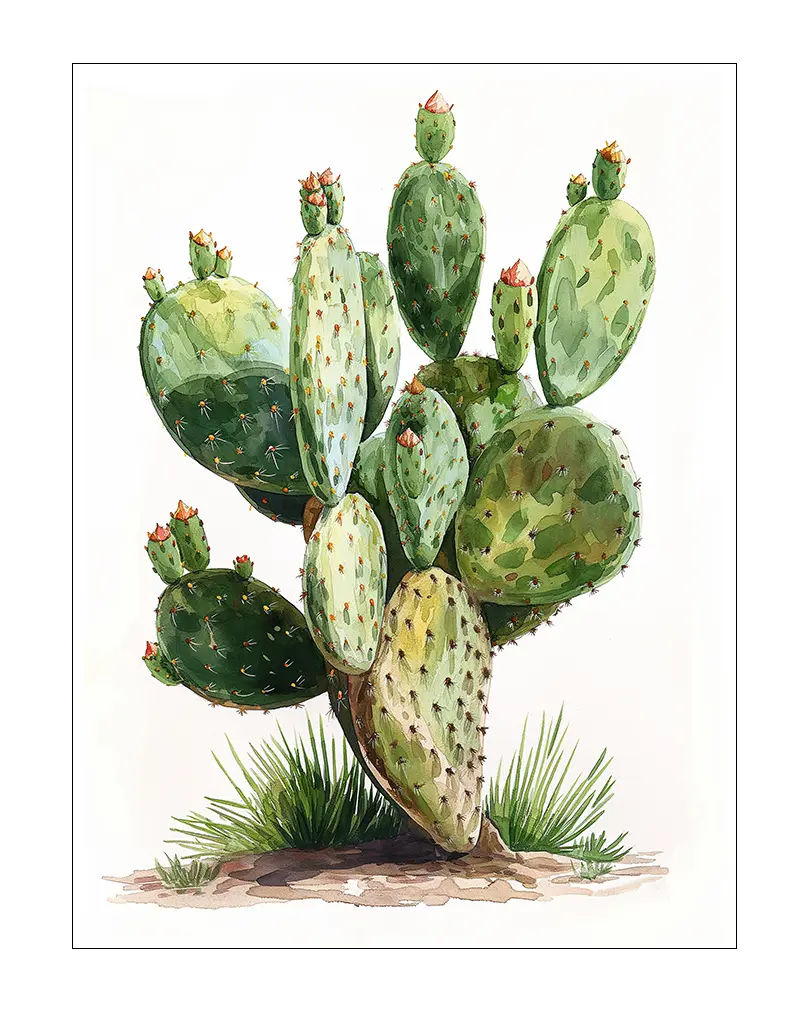 A detailed watercolor illustration of a vibrant cactus, capturing the essence of desert flora with green tones and sharp edges. Perfect wall art for nature lovers and botanical enthusiasts