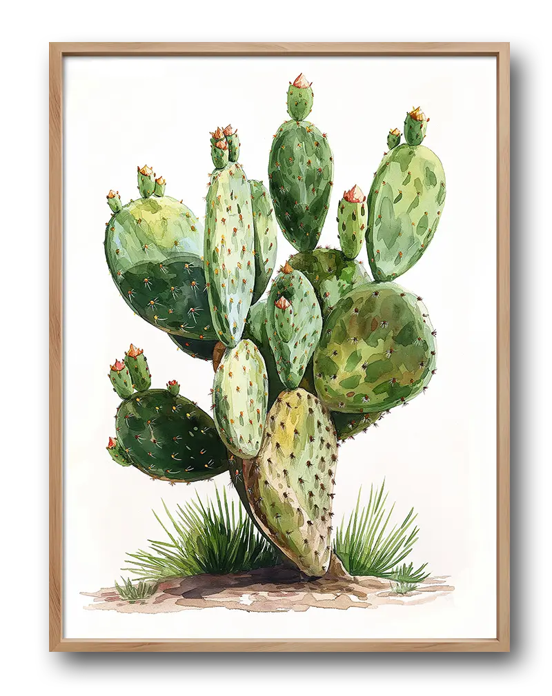 A detailed watercolor illustration of a vibrant cactus, capturing the essence of desert flora with green tones and sharp edges. Perfect wall art for nature lovers and botanical enthusiasts