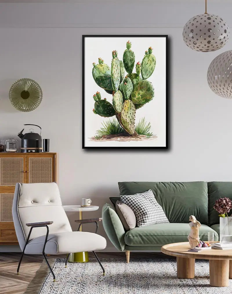 A detailed watercolor illustration of a vibrant cactus, capturing the essence of desert flora with green tones and sharp edges. Perfect wall art for nature lovers and botanical enthusiasts