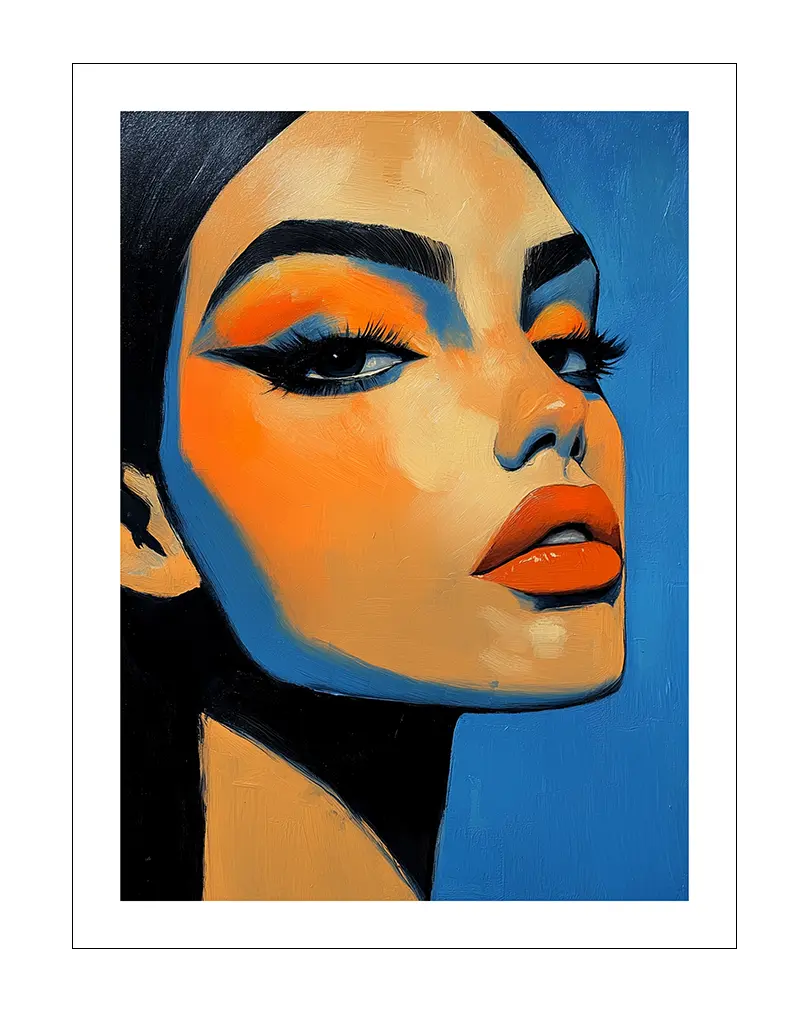 A modern abstract portrait of a woman with striking makeup and bold orange and blue tones.