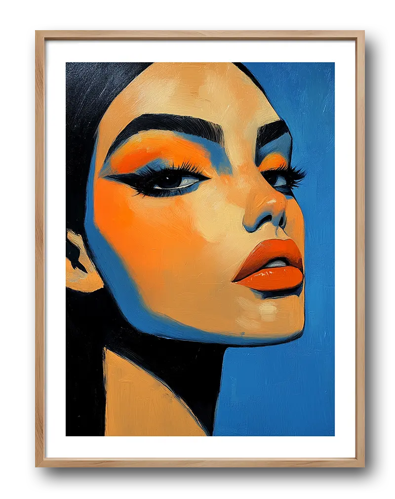 A modern abstract portrait of a woman with striking makeup and bold orange and blue tones.