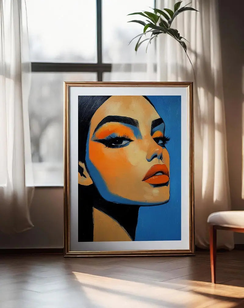 A modern abstract portrait of a woman with striking makeup and bold orange and blue tones.