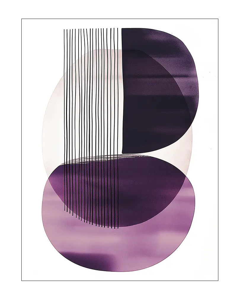 A modern abstract illustration featuring overlapping geometric shapes in shades of purple and black lines. Perfect wall art for adding a contemporary and stylish touch to any room