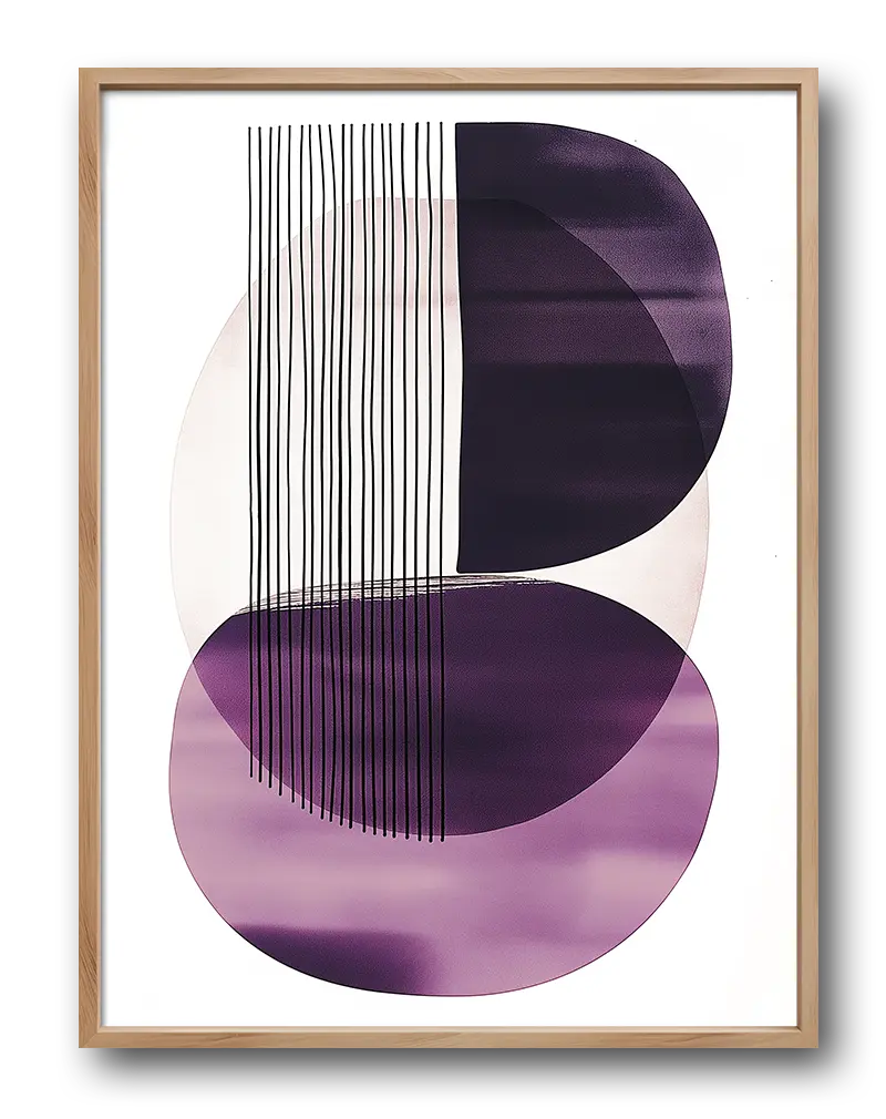 A modern abstract illustration featuring overlapping geometric shapes in shades of purple and black lines. Perfect wall art for adding a contemporary and stylish touch to any room