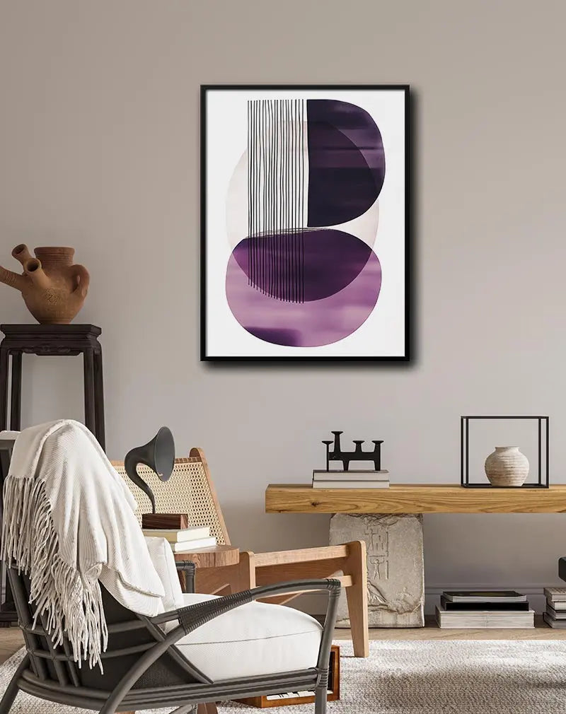 A modern abstract illustration featuring overlapping geometric shapes in shades of purple and black lines. Perfect wall art for adding a contemporary and stylish touch to any room