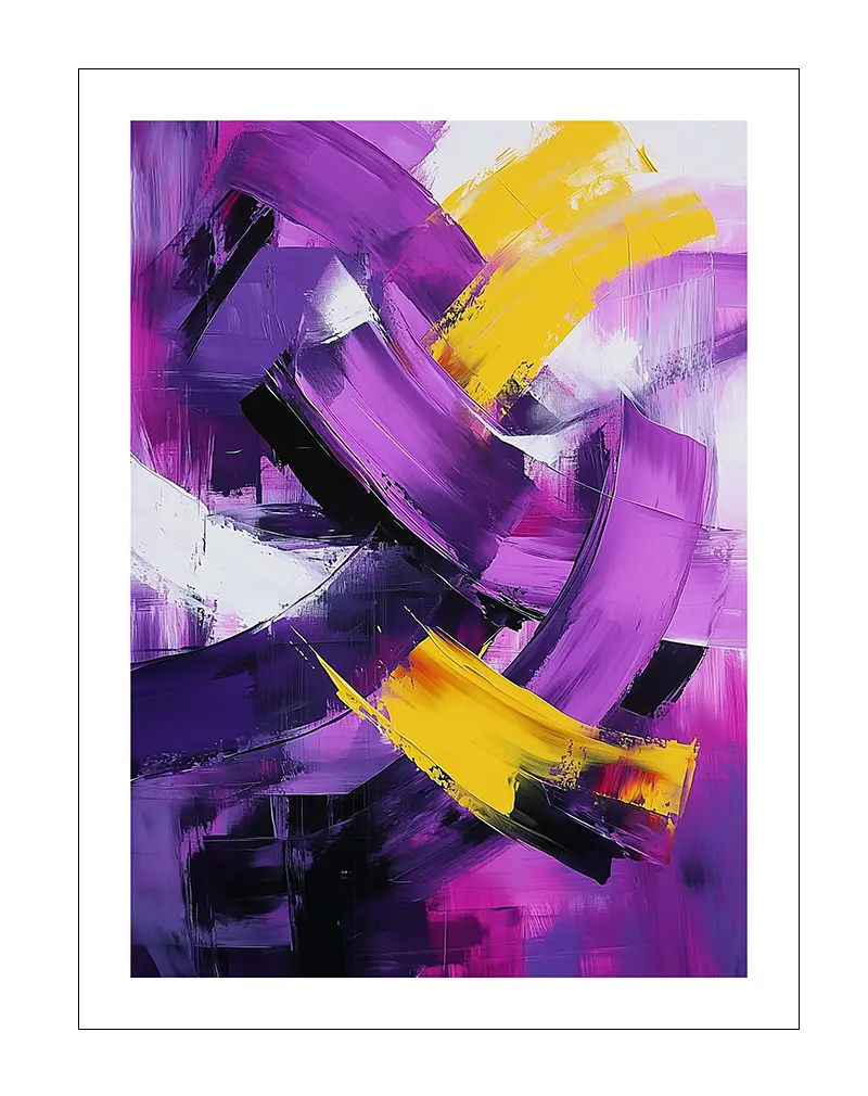 A dynamic abstract illustration featuring bold brush strokes in vibrant purple, yellow, and white. Perfect wall art for creating a striking and energetic atmosphere in any modern space