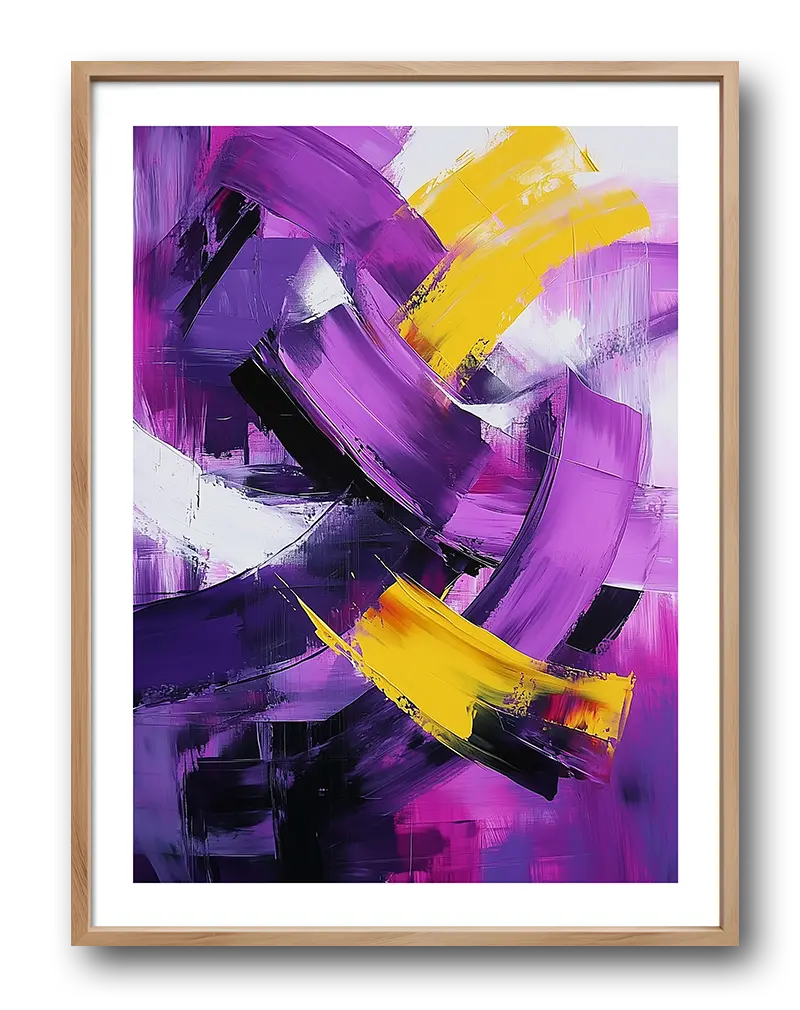 A dynamic abstract illustration featuring bold brush strokes in vibrant purple, yellow, and white. Perfect wall art for creating a striking and energetic atmosphere in any modern space