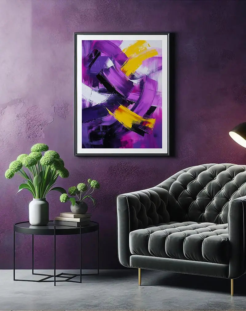 A dynamic abstract illustration featuring bold brush strokes in vibrant purple, yellow, and white. Perfect wall art for creating a striking and energetic atmosphere in any modern space