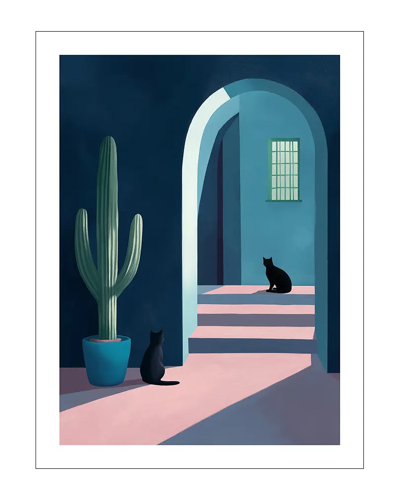 A minimalistic wall art illustration featuring two black cats sitting in a serene architectural scene with pastel colors and soft lighting. A cactus in a blue pot adds to the tranquil setting. This poster creates a peaceful and artistic atmosphere, ideal for modern interiors