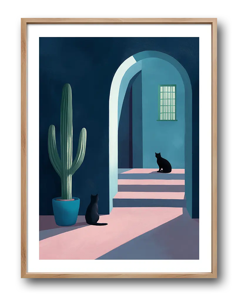 A minimalistic wall art illustration featuring two black cats sitting in a serene architectural scene with pastel colors and soft lighting. A cactus in a blue pot adds to the tranquil setting. This poster creates a peaceful and artistic atmosphere, ideal for modern interiors