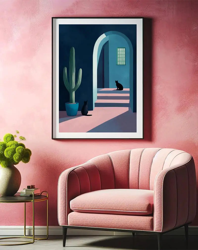 A minimalistic wall art illustration featuring two black cats sitting in a serene architectural scene with pastel colors and soft lighting. A cactus in a blue pot adds to the tranquil setting. This poster creates a peaceful and artistic atmosphere, ideal for modern interiors