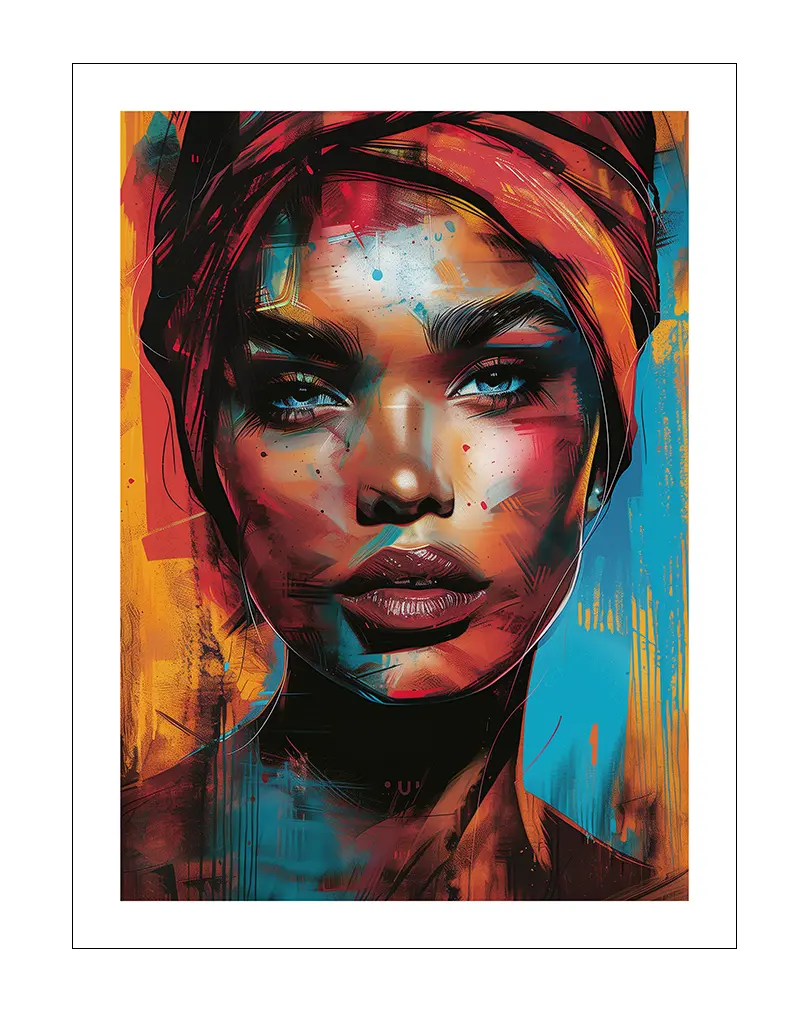 A vibrant portrait illustration of a woman with a colorful headscarf, showcasing rich hues of orange, blue, and red. Perfect wall art for adding bold expression and cultural depth to your space