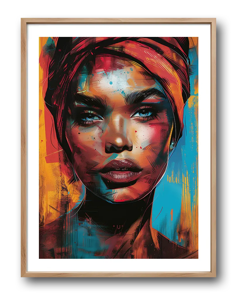 A vibrant portrait illustration of a woman with a colorful headscarf, showcasing rich hues of orange, blue, and red. Perfect wall art for adding bold expression and cultural depth to your space