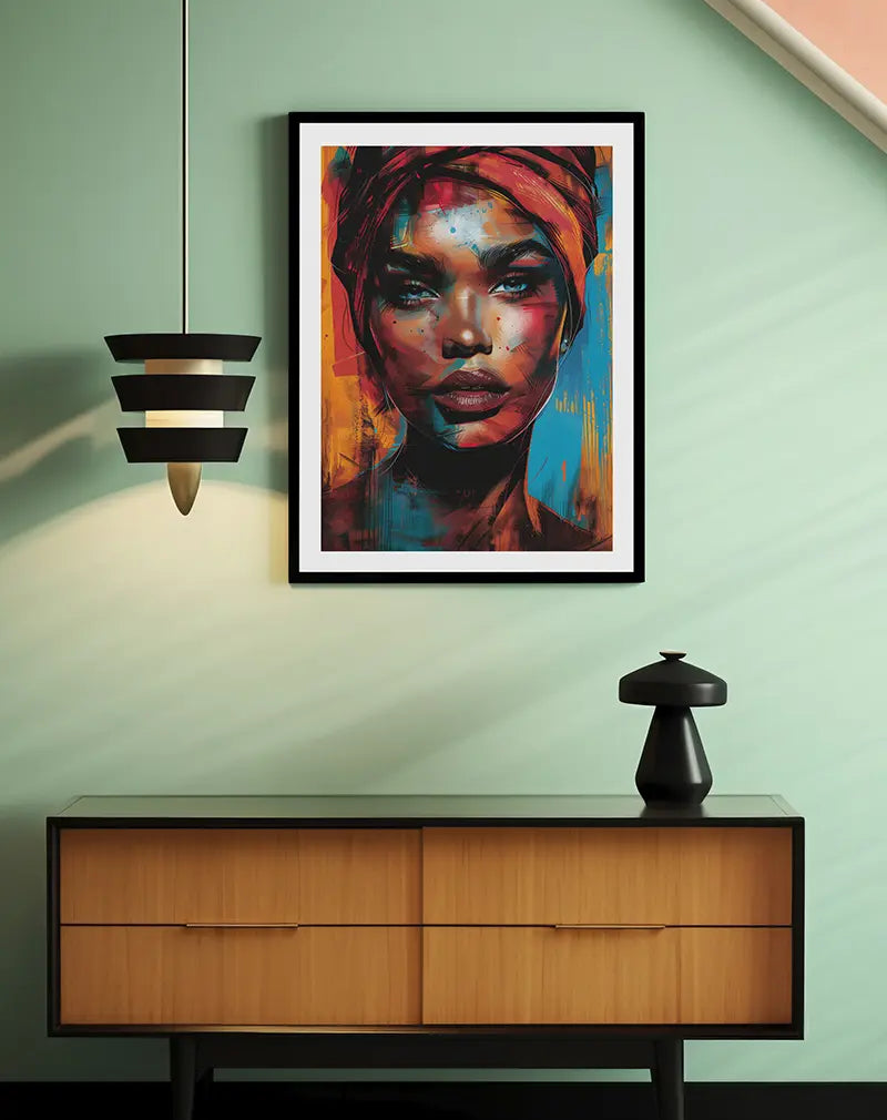 A vibrant portrait illustration of a woman with a colorful headscarf, showcasing rich hues of orange, blue, and red. Perfect wall art for adding bold expression and cultural depth to your space