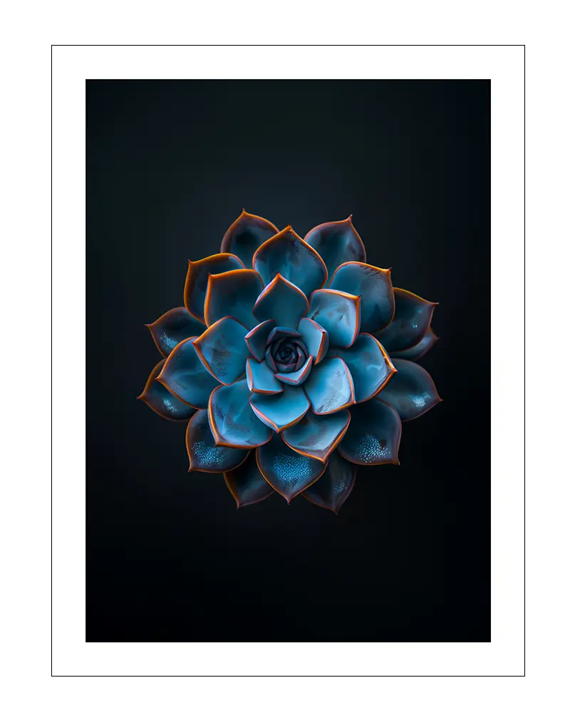 A stunning close-up illustration of a blue succulent flower against a dark background, highlighting its unique texture and glow. Perfect wall art for bringing nature's elegance into your home or office