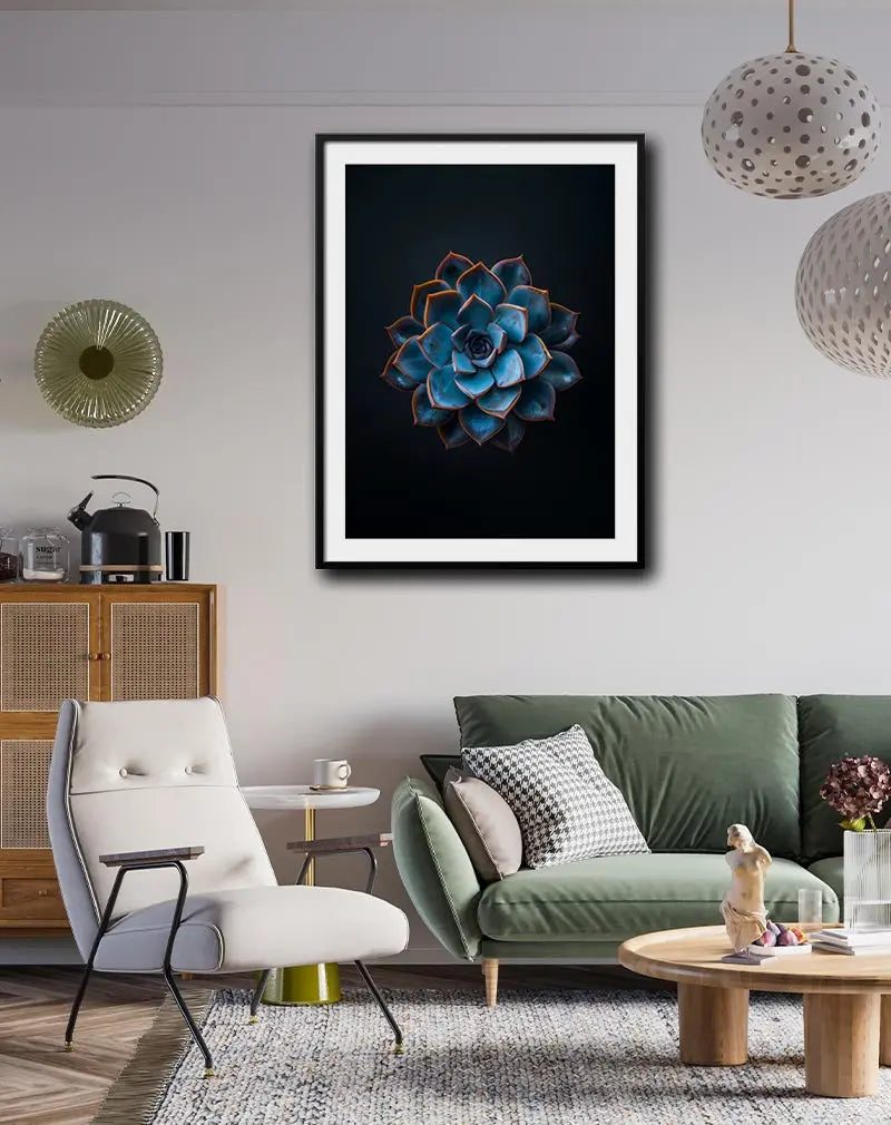 A stunning close-up illustration of a blue succulent flower against a dark background, highlighting its unique texture and glow. Perfect wall art for bringing nature's elegance into your home or office