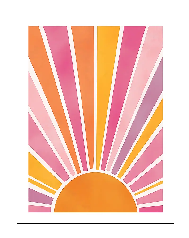 A vibrant illustration of an abstract sunrise with rays of pink, orange, and yellow spreading out. Perfect wall art to add a touch of warmth and energy to your space, ideal for brightening up any room