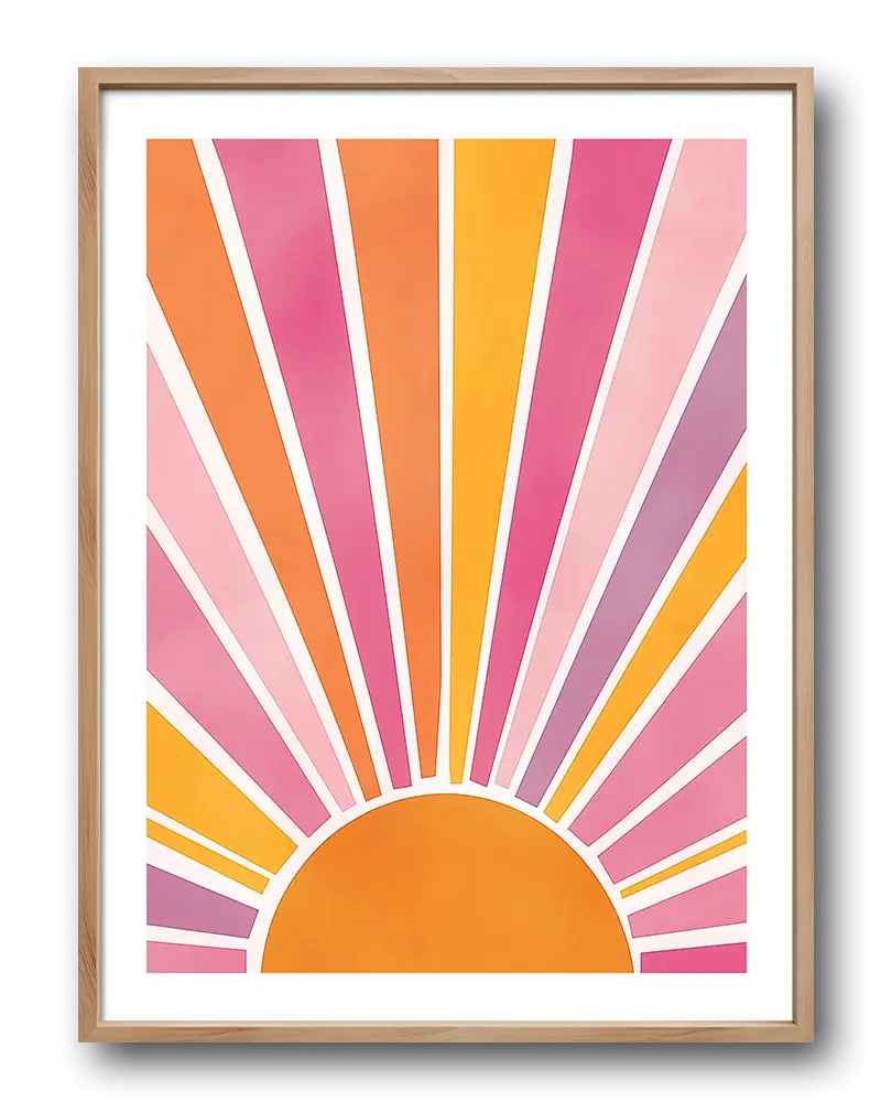 A vibrant illustration of an abstract sunrise with rays of pink, orange, and yellow spreading out. Perfect wall art to add a touch of warmth and energy to your space, ideal for brightening up any room