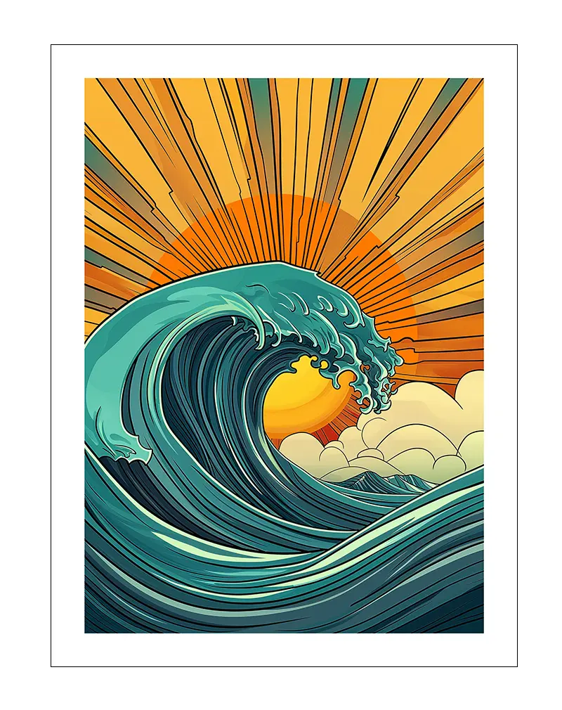 A stunning illustration of a powerful ocean wave crashing under a vibrant sunset with golden rays. Perfect wall art for those who love the energy of the sea, bringing movement and warmth into any space