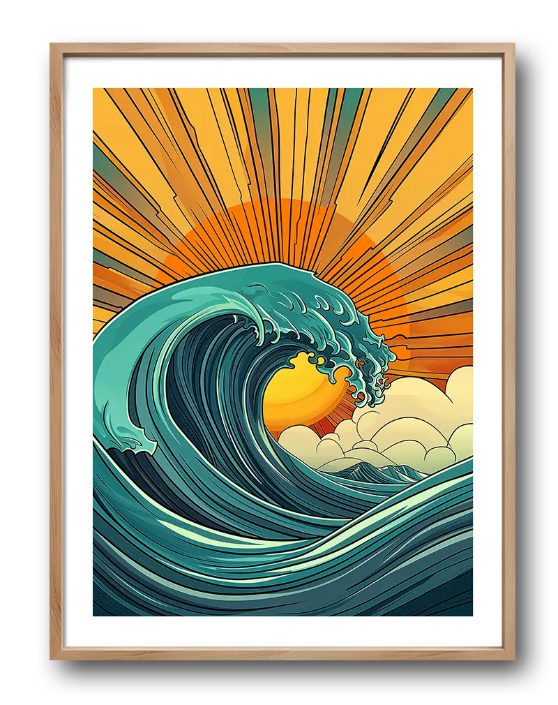 A stunning illustration of a powerful ocean wave crashing under a vibrant sunset with golden rays. Perfect wall art for those who love the energy of the sea, bringing movement and warmth into any space