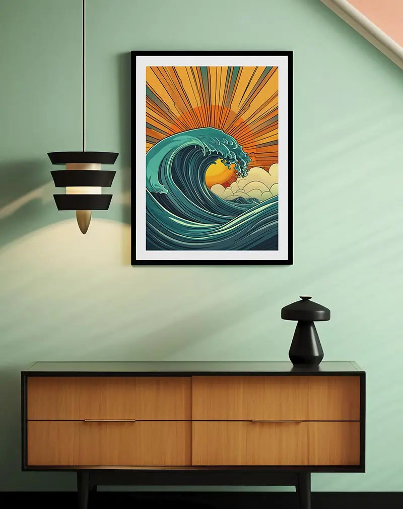 A stunning illustration of a powerful ocean wave crashing under a vibrant sunset with golden rays. Perfect wall art for those who love the energy of the sea, bringing movement and warmth into any space