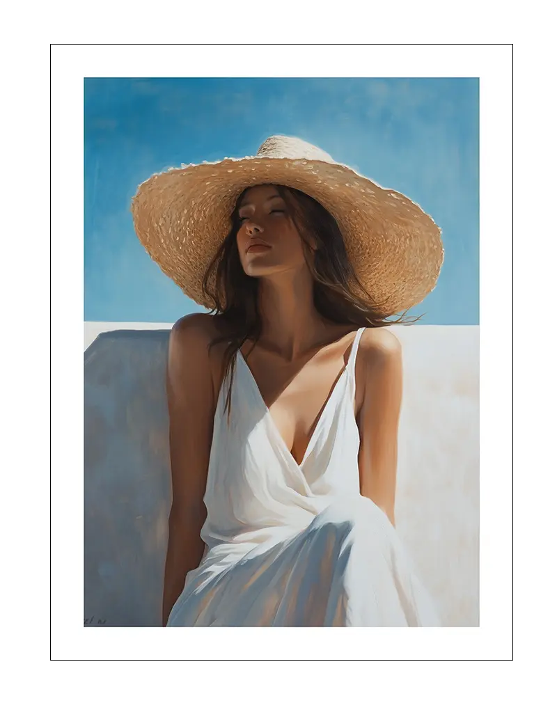 A serene wall art illustration of a woman in a white dress and large sun hat, enjoying a sunny day against a bright blue sky. Her calm expression evokes relaxation and peaceful moments, making this poster ideal for creating a soothing and tranquil atmosphere in any room