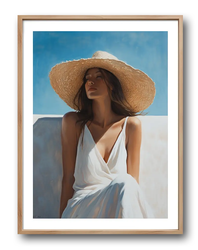 A serene wall art illustration of a woman in a white dress and large sun hat, enjoying a sunny day against a bright blue sky. Her calm expression evokes relaxation and peaceful moments, making this poster ideal for creating a soothing and tranquil atmosphere in any room