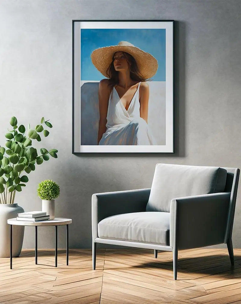 A serene wall art illustration of a woman in a white dress and large sun hat, enjoying a sunny day against a bright blue sky. Her calm expression evokes relaxation and peaceful moments, making this poster ideal for creating a soothing and tranquil atmosphere in any room