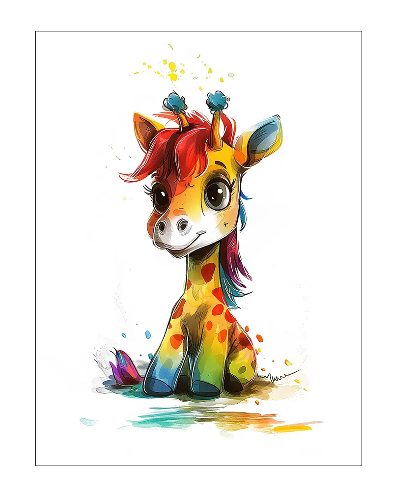 A colorful illustration of a cute giraffe with rainbow spots and a playful expression. Perfect wall art for kids' rooms or anyone who enjoys a burst of color and fun