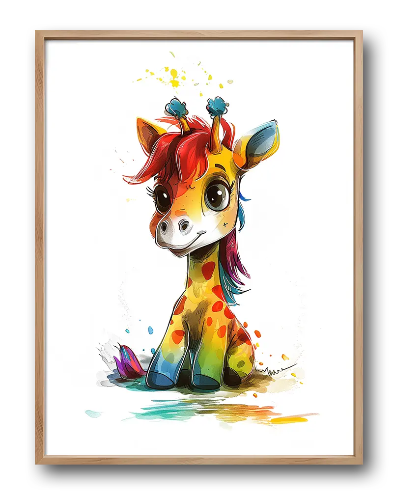 A colorful illustration of a cute giraffe with rainbow spots and a playful expression. Perfect wall art for kids' rooms or anyone who enjoys a burst of color and fun